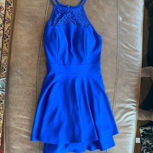 Bright blue high neck lace detail dress